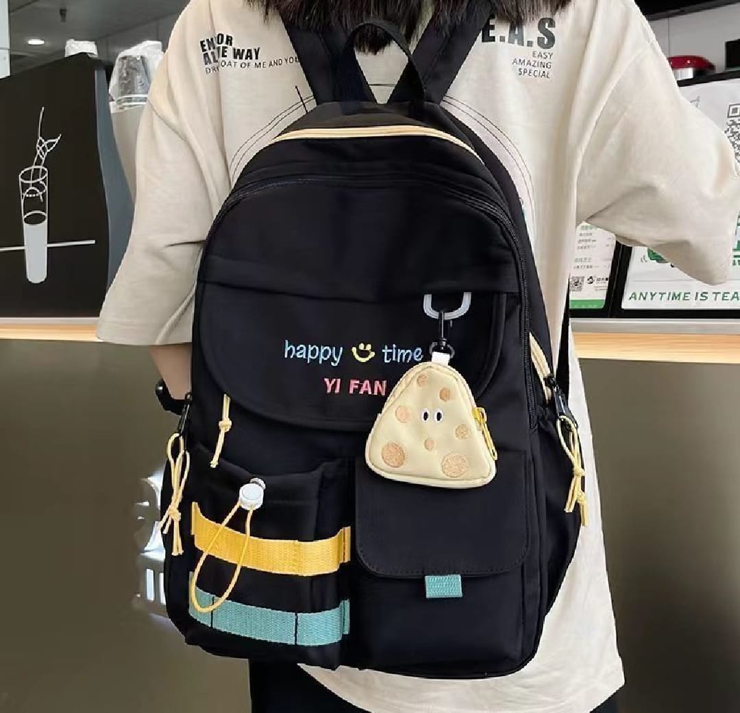 Stylish Black Backpack with Blue & Yellow Stripes